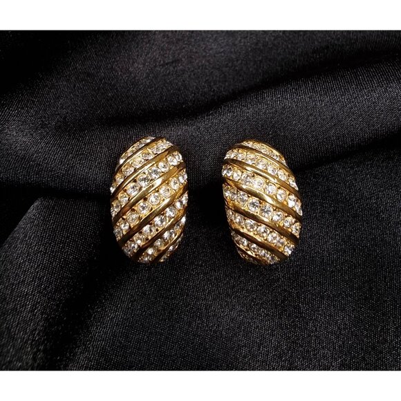 Vintage 1990s Christian Dior Gold Plated Clip-On Earrings With Rhinestone Stripe - Picture 3 of 5